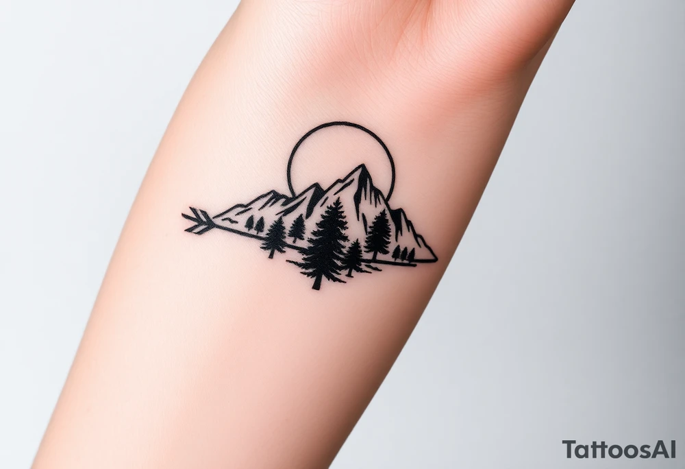 Mountains sun sea trees on an arrow like design tattoo idea