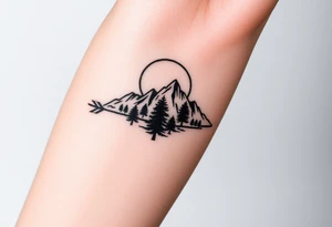 Mountains sun sea trees on an arrow like design tattoo idea