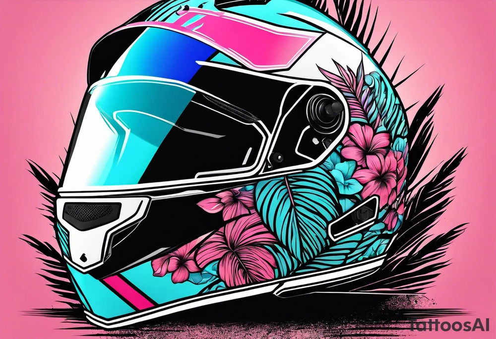 Formula 1 helment with a palm tree and black pink and light blue color tattoo idea