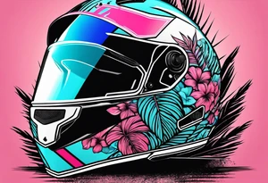 Formula 1 helment with a palm tree and black pink and light blue color tattoo idea