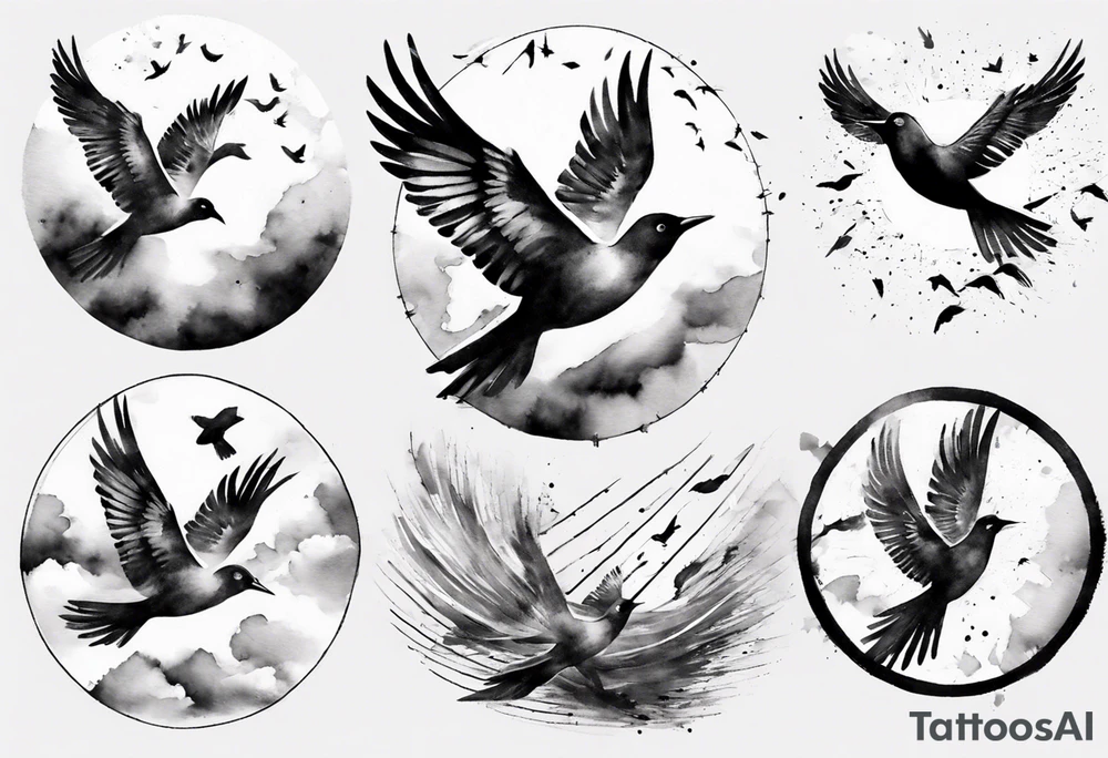 shoulder tattoo with light rays with birds flying free among the clouds, round shape, 3d effect tattoo idea
