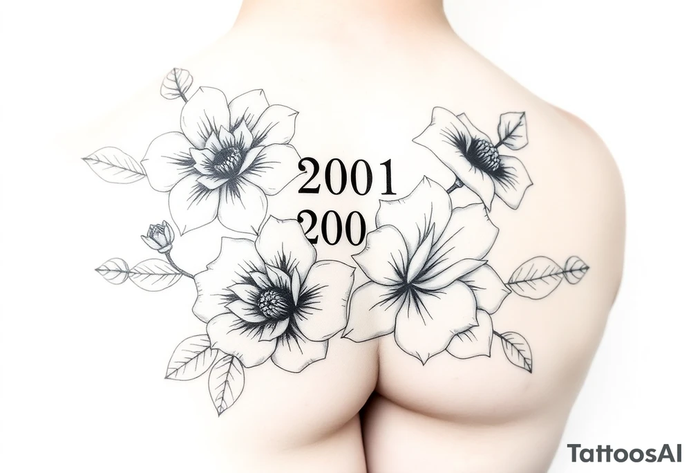 Year 2001 thigh tattoo with flowers tattoo idea