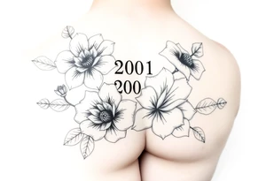 Year 2001 thigh tattoo with flowers tattoo idea