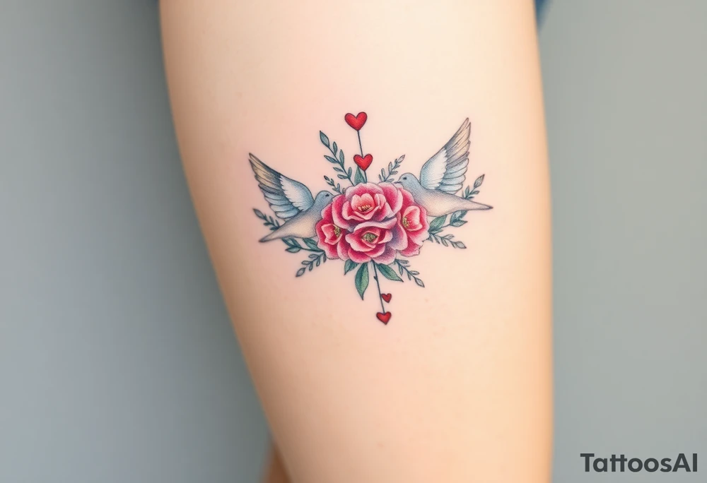 wedding ring with wedding bouquet, doves, hearts tattoo tattoo idea