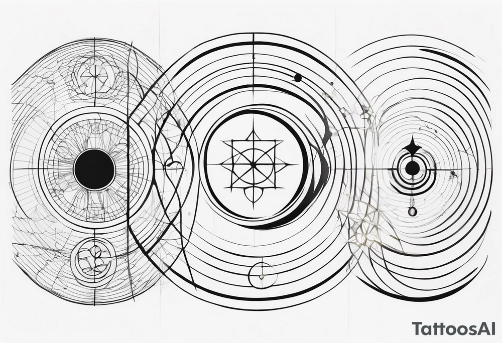 a tattoo for the forearm : a representation of the golden number, general relativity, Bohr’s model, a fractal and a symbol to represent the archangel Gabriel tattoo idea