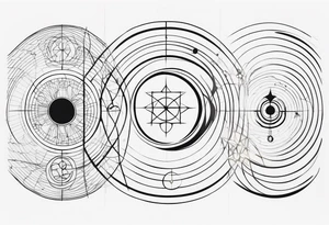 a tattoo for the forearm : a representation of the golden number, general relativity, Bohr’s model, a fractal and a symbol to represent the archangel Gabriel tattoo idea