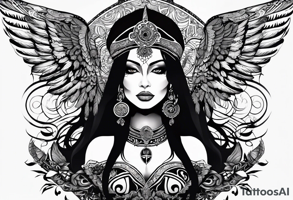 black kali, goddess pirate, alien, angel, pachamama, valkrye, warrior, flying, skull, lotus azul, wing, eagle, zenza resonance, stars, 5D, anahata chakra tattoo idea