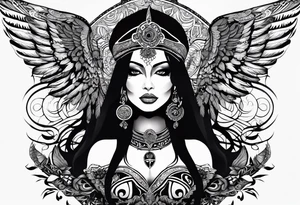 black kali, goddess pirate, alien, angel, pachamama, valkrye, warrior, flying, skull, lotus azul, wing, eagle, zenza resonance, stars, 5D, anahata chakra tattoo idea