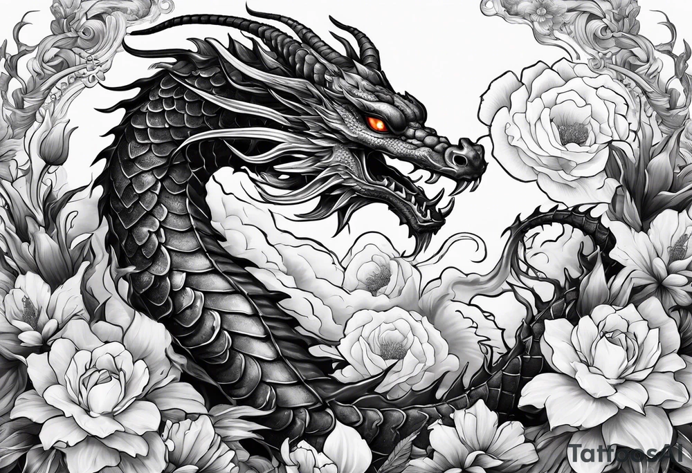 Scorpion and dragon surrounded by smokes and flowers tattoo idea Scorpion and dragon surrounded by smokes and flowers tattoo idea