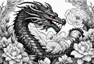 Scorpion and dragon surrounded by smokes and flowers tattoo idea