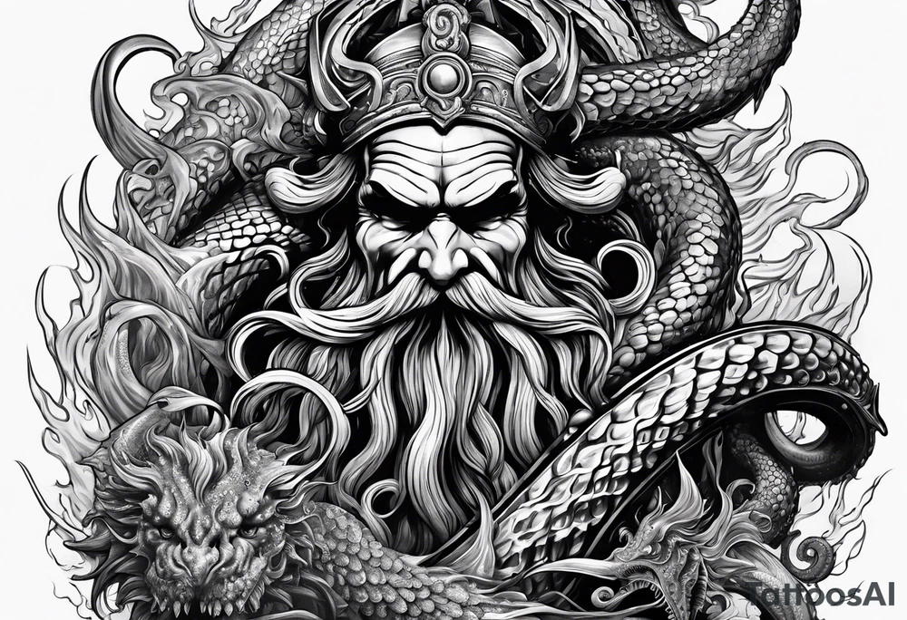 Kraken tentacles grabbing Poseidon thrusting trident into monster tattoo idea