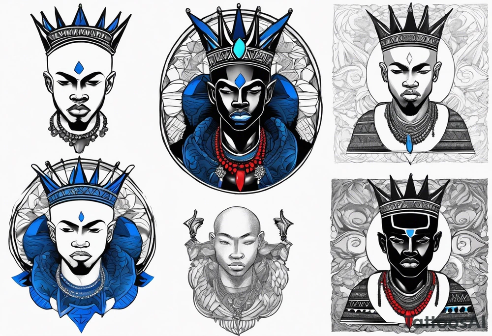 Black-skinned bald african warrior. He wears a simple and small silver crown. He uses blue and red necklaces tattoo idea
