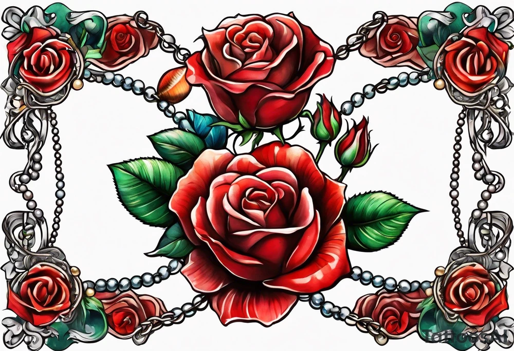 Red roses with a chain of pearls and seashells tattoo idea