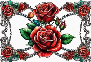 Red roses with a chain of pearls and seashells tattoo idea