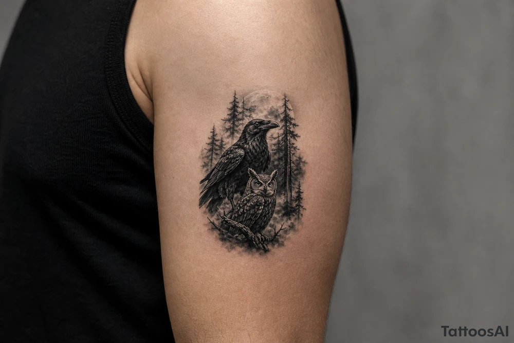 Detailed raven and owl in a dense, foggy forest, photorealistic style. tattoo idea