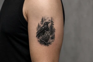 Detailed raven and owl in a dense, foggy forest, photorealistic style. tattoo idea