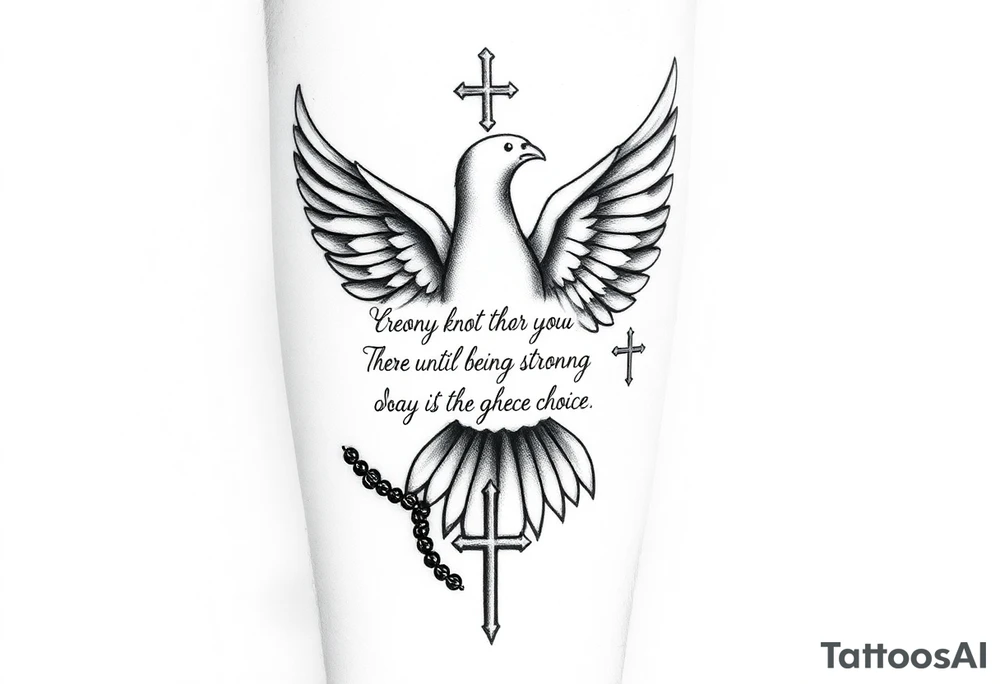 on the entire front arm the whole one its a black person skin and on the wrist is thorns on front of that is a dove and middle theres words that say you never know how strong you are until being strong is the only choice you have with prayer beads around all the words while also having a unique cross on the side of the dove near the area and and above the words theres also a bigger dove and i want a unwiue cross on the side of that too the diver is below the elbow also i want barbed wite wings on the doves and in the body of the dove by the wrist a small number 7 and on the body of the bigger dove i want it to say 1984 also do some nice shading around whats not filled kinda dark but like like super heavenly realistic clouds kinda super realistic and stuff this is all on the whole feont arm covering it tattoo idea