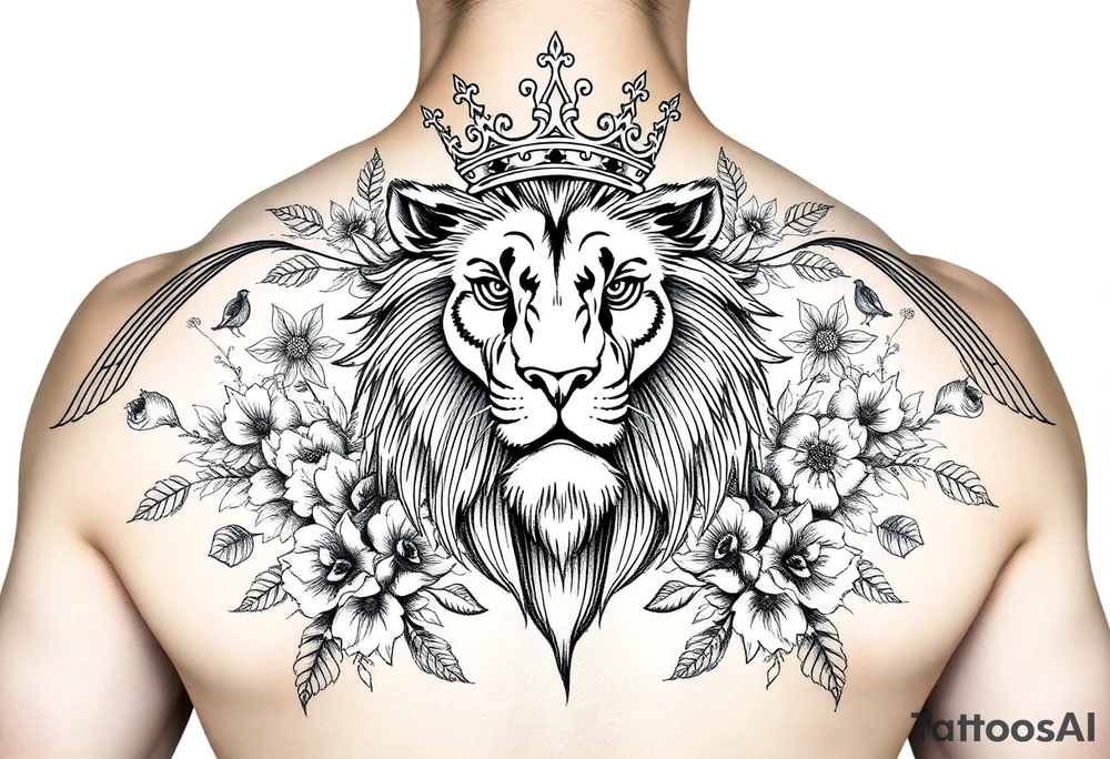 powerful majestic lion with a crown, surrounded by floral ornaments and birds tattoo idea