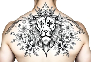 powerful majestic lion with a crown, surrounded by floral ornaments and birds tattoo idea