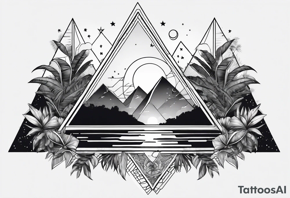 thick line art of space and jungle in triangle shape tattoo idea thick line art of space and jungle in triangle shape tattoo idea