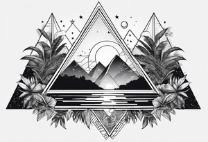 thick line art of space and jungle in triangle shape tattoo idea