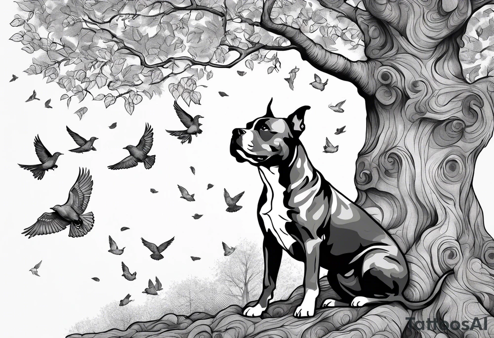 Autumn tree with a pit bull medium size grey brindle dog sitting under it and to the right facing it looking up and birds flying from the top right of the tree far view and full tree tattoo idea