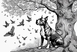 Autumn tree with a pit bull medium size grey brindle dog sitting under it and to the right facing it looking up and birds flying from the top right of the tree far view and full tree tattoo idea