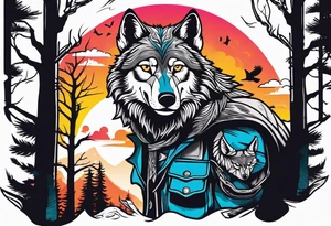 A powerful Wolf ist carrying a crow on His back
Background Woods tattoo idea