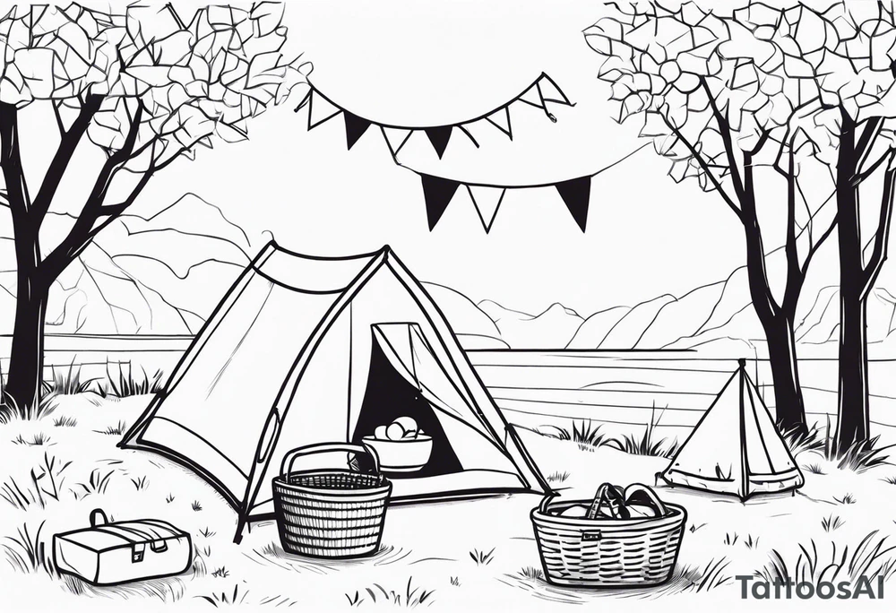 minimalstic picnic scene in nature with  with one picnic-basket, one backpack, pillows and party pennants in the trees. Thin lines. tattoo idea