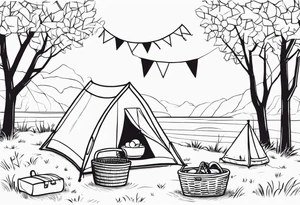 minimalstic picnic scene in nature with  with one picnic-basket, one backpack, pillows and party pennants in the trees. Thin lines. tattoo idea
