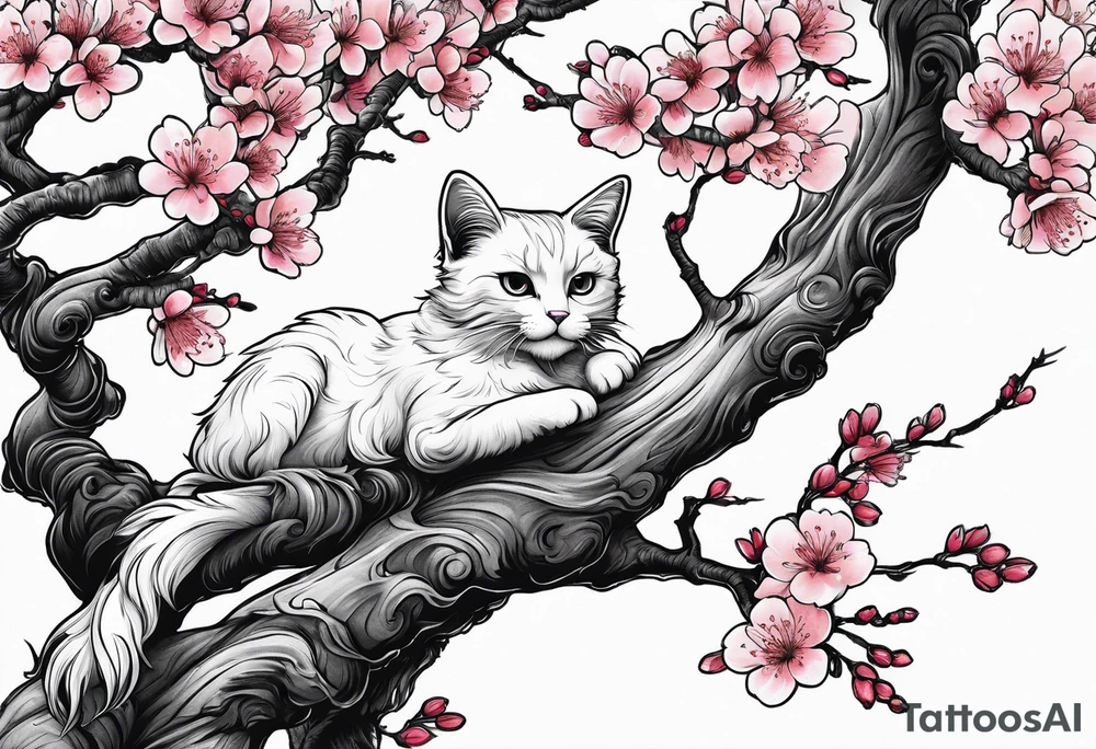 elongated cherry blossom branch meeting with a dying pine tree with hidden cute demon cat tattoo idea