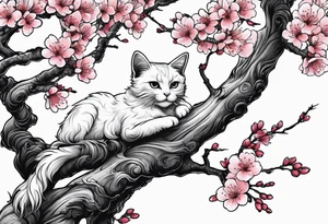 elongated cherry blossom branch meeting with a dying pine tree with hidden cute demon cat tattoo idea