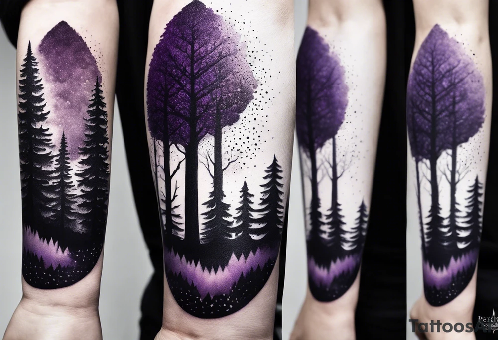 forest, purple and black, covered from wrist to forearm, fully covered, no borders, blackwork tattoo idea