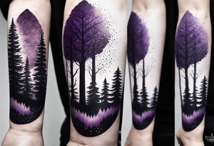 forest, purple and black, covered from wrist to forearm, fully covered, no borders, blackwork tattoo idea