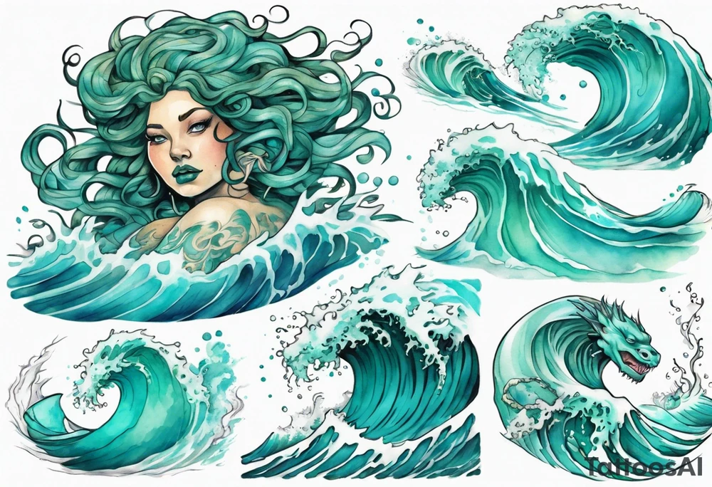 a beautiful chubby turquoise gorgon emerging from an ocean wave, crashing onto the shore tattoo idea