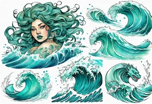 a beautiful chubby turquoise gorgon emerging from an ocean wave, crashing onto the shore tattoo idea
