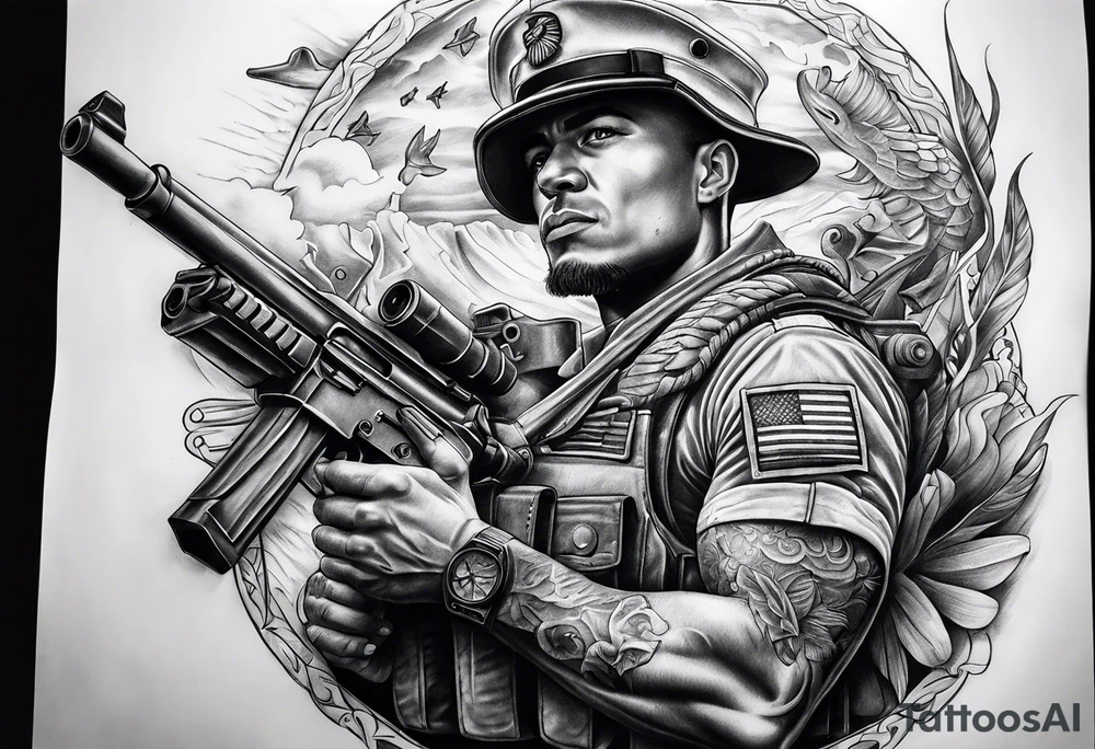 A tattoo of marine and guns tattoo idea