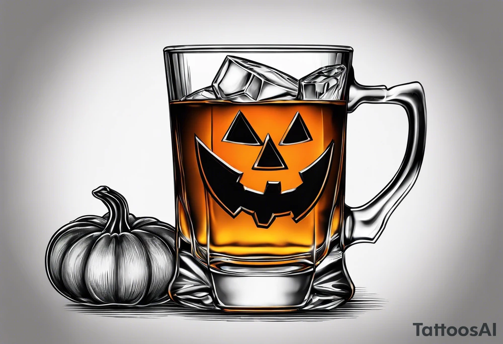 glass of whiskey with one single ice cube that is a jack-o-lantern tattoo idea