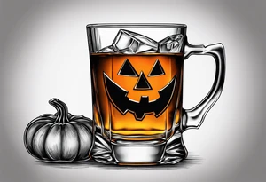glass of whiskey with one single ice cube that is a jack-o-lantern tattoo idea