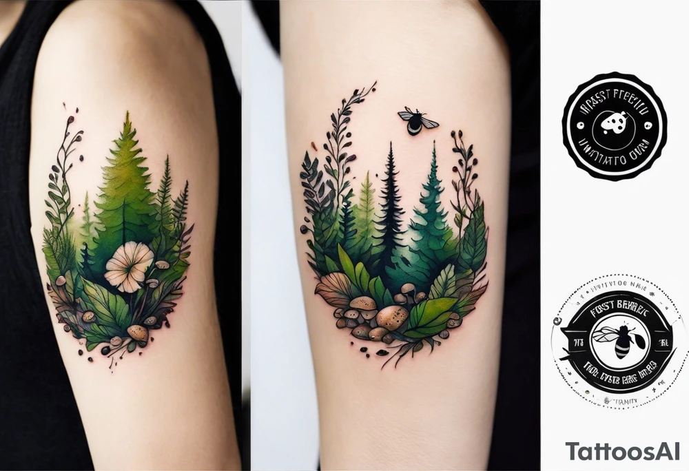 forest floor inspired minimalist tattoo, which includes grass, curly ferns, moss and dead leaves as the bulk of the tattoo. details to include: forest berries, a tiny bumblebee flying nearby, three small brown mushrooms
Generate a vertically long one tattoo idea