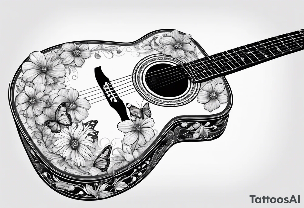 Whole electric acoustic Guitar with flowers growing off the side, butterflies tattoo idea