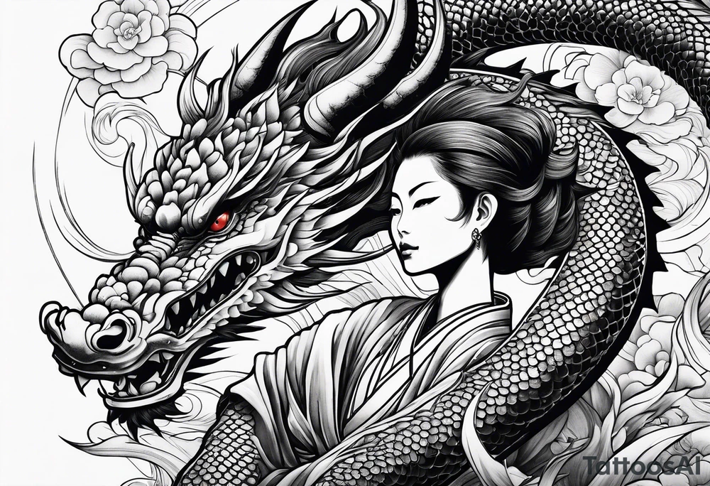 Woman riding a dragon, traditional japanese irezumi style tattoo idea