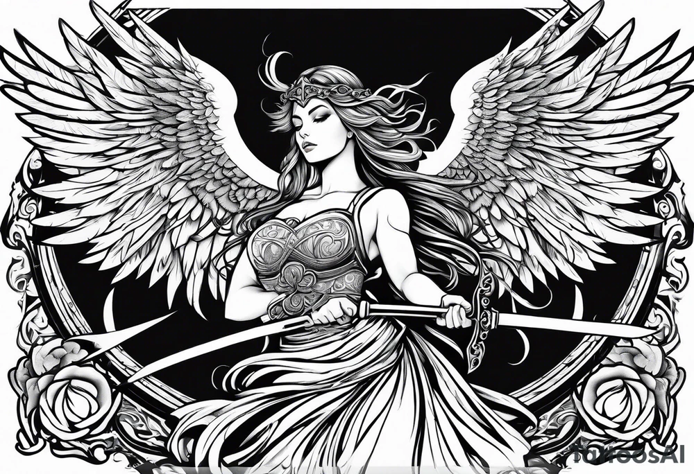 female angel with sword flying in the sky tattoo idea
