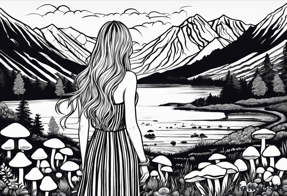 Straight long blonde hair hippie girl in distance holding mushrooms in hand facing away toward mountains and creek surrounded by mushrooms black and white striped dress tattoo idea