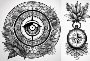 arm, jungle plants, compass, all-seeing eye tattoo idea