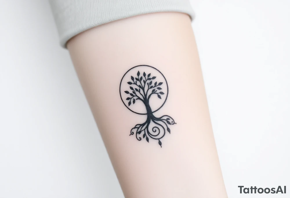 A tree inside of the sun, with little leaves, with an outward spiral line (moving to the right), as its roots, encircling the entire tree tattoo idea