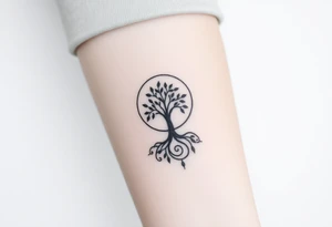 A tree inside of the sun, with little leaves, with an outward spiral line (moving to the right), as its roots, encircling the entire tree tattoo idea