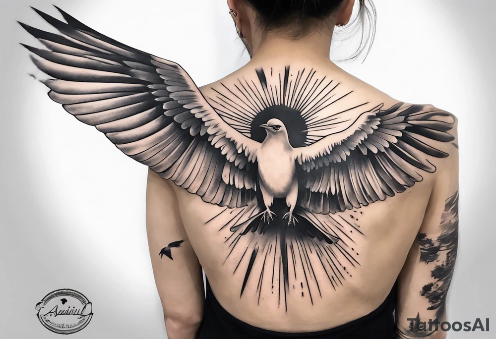 shoulder tattoo with light rays with birds flying free among the clouds, round shape, 3d effect tattoo idea shoulder tattoo with light rays with birds flying free among the clouds, round shape, 3d effect tattoo idea