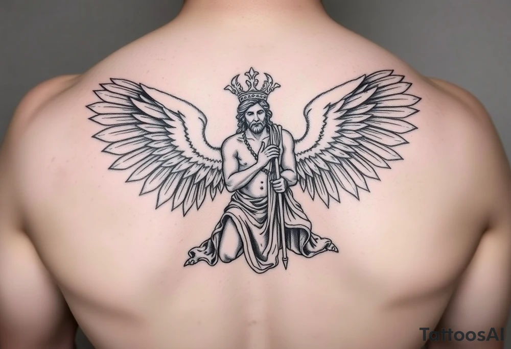 God hermes kneeling with wings wrapped around him tattoo idea tattoo idea tattoo idea