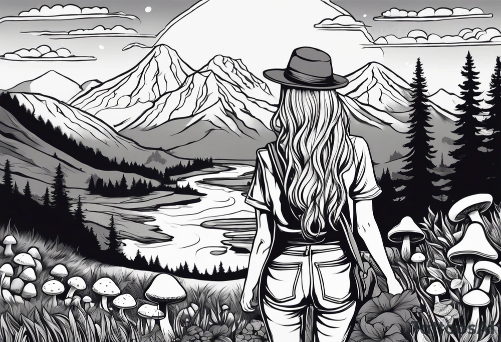 Straight long blonde hair hippie girl in distance holding mushrooms in hand facing away toward mountains and creek surrounded by mushrooms tee shirt and hiking pants tattoo idea